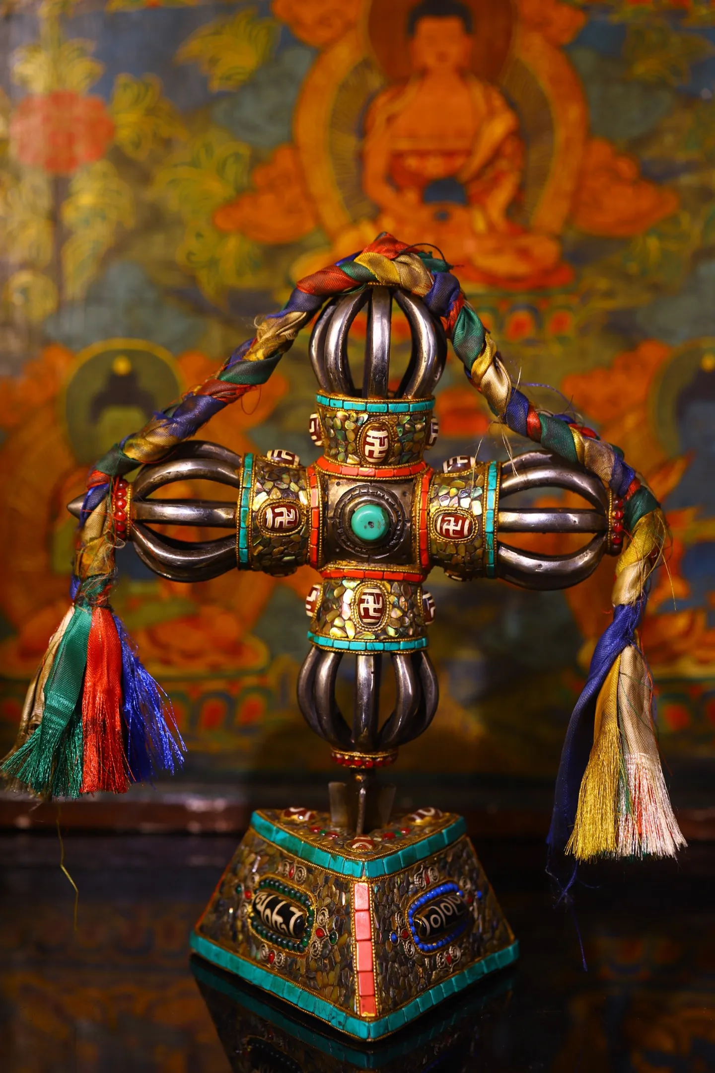 Old Tiantie Mosaic Gem gZi Beads Turquoise Shell Nine shares Vajra  Phurpa Base Amulet Worship Hall Town house Exorcism