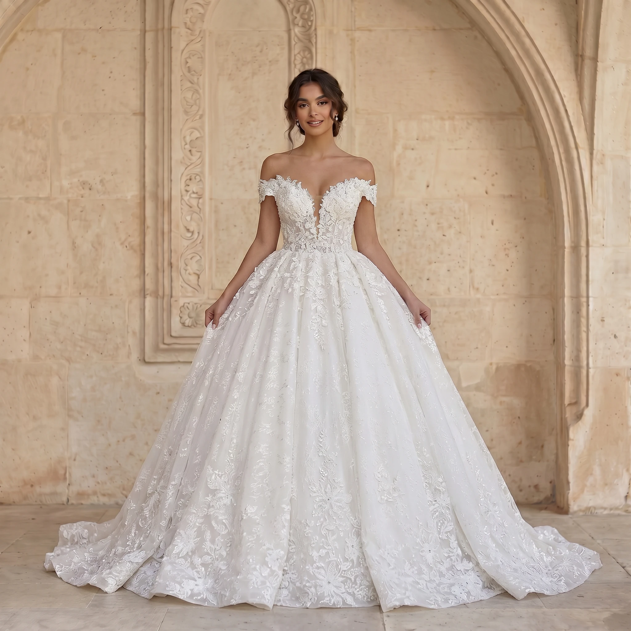 High Neck Long Sleeve A Line Wedding Dress Full Floral Lace Sheer Button Back Scalloped Chapel Train Vintage Bridal Gown