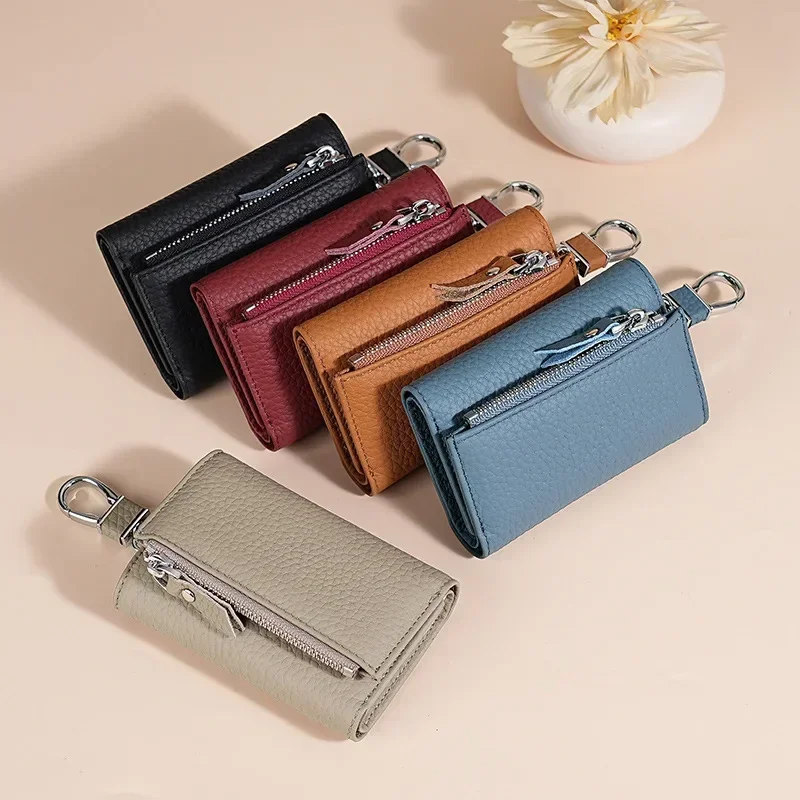 Leather Multifunctional Key Bag Waist Hanging Door Key Wallets Women's Coin Cards Storage Pouch 3 in 1 Cowhide Key Cases