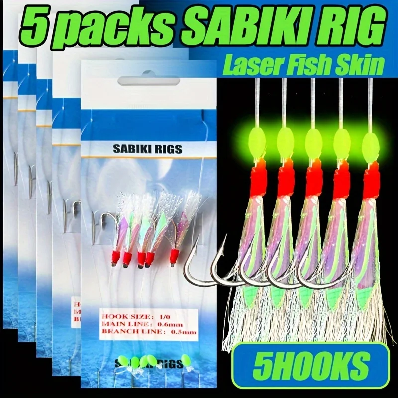 TAKBAS 1/3/5 Packungen Sabiki Rigs Salzwasser, Fischhaut Makrelenfedern Rigs, Meeresangel-Rigs mit leuchtenden Perlen Flasher Rig 3