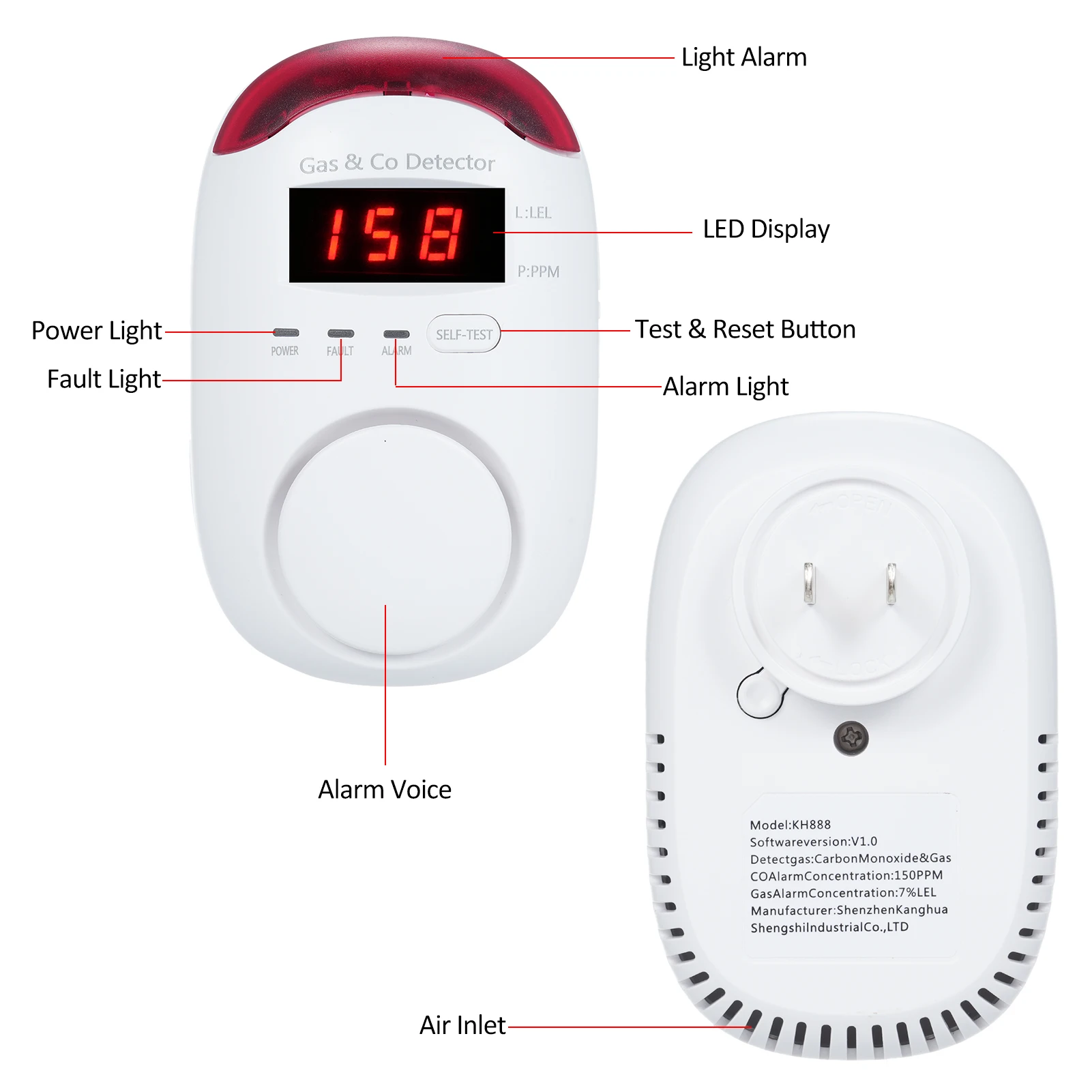 Natural Gas Detector Plug-in Carbon Monoxide Gas Alarm Monitor Propane Gas Detector Leak Alarm LNG LPG Methane Coal Detection