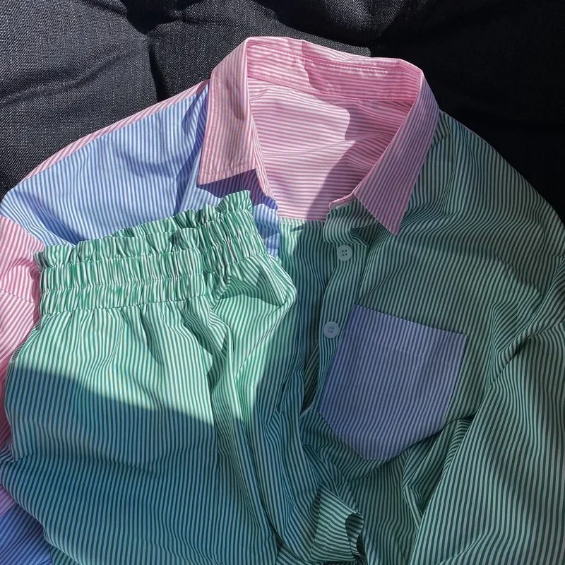 Chemise rayée à simple boutonnage pour femmes, chemise à manches longues bloquant les documents, haut décontracté, vêtements courts imbibés, mode deux pièces, 2022