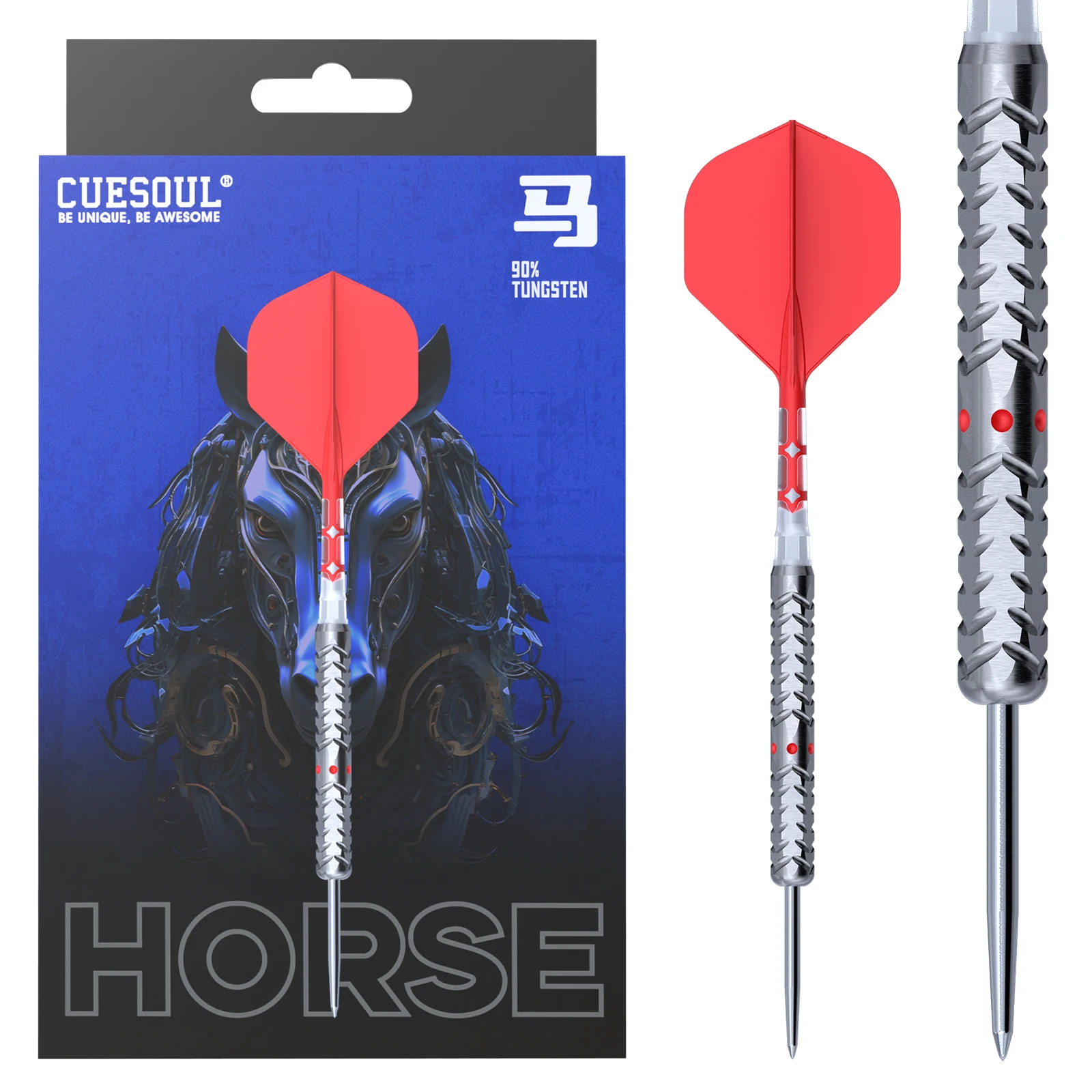 

CUESOUL Chinese Zodiac ‘HORSE’22/24g Steel Tip 90% Tungsten Dart Set with Titanium Coated and Integrated ROST T19 Flight