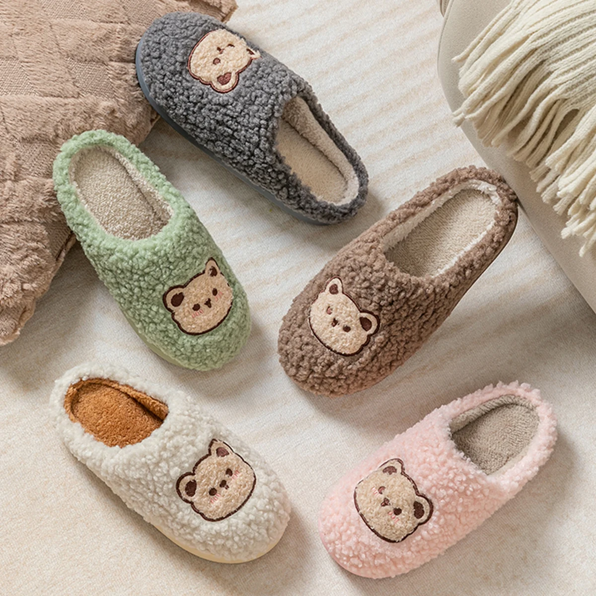 TZLDN Fashion Men's Slippers Winter Warm Cartoon Bear Lovely Indoor Soft Sole Non-slip Dormitory Causal Home Plush Shoes Couple image 6