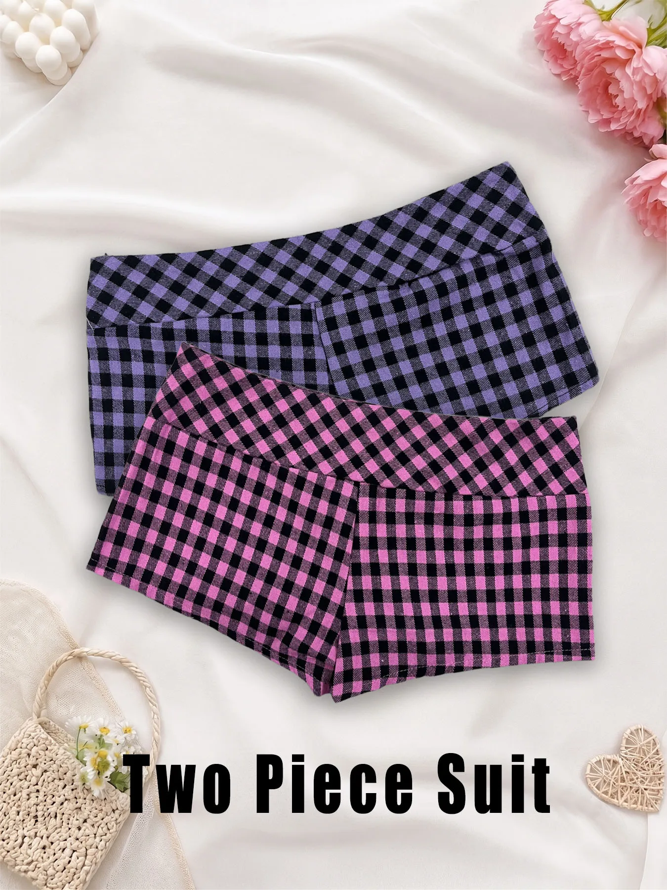 2026 New Summer Retro Hot Girl Shorts Double breasted Pink Purple Grid Casual Street Trend Two Piece Set for Girlfriend Vacation