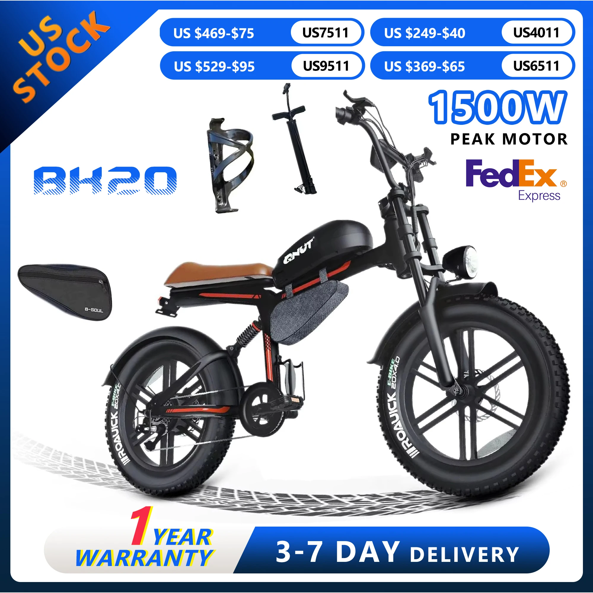 

QNUT Electric Bicycle 1500W Peak Motor 48V18AH Lithium Battery BK20 E Bike All-Terrain 20'' Fat Tire Bike off-road Mountain Bike