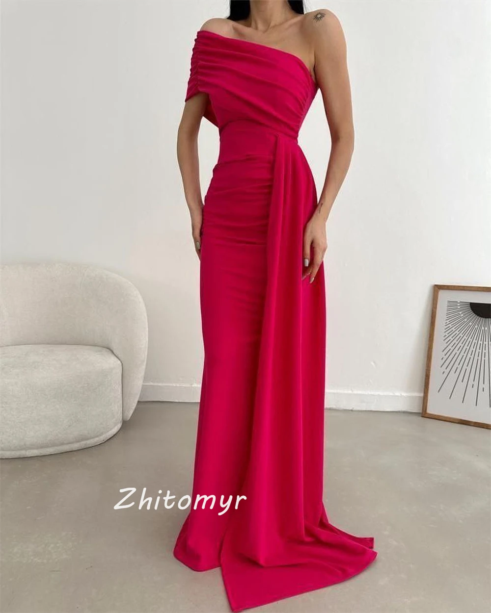 Customized Classic Simple One-Shoulder Trumpet / Mermaid Pleat Ruched Floor-Length Satin Bespoke Occasion Dresses Evening 