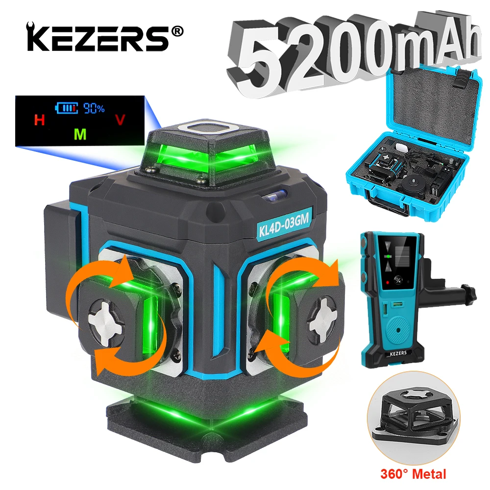 kezers nivel laser digital verde bateria li ion janela mala base com receptor 16 linhas 4d 360 kl4d03gm 5200mah 01