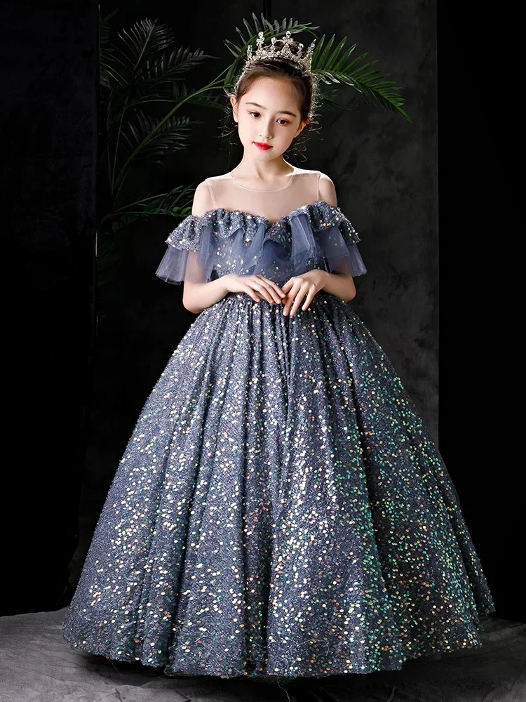 Girls' Dress 2024 Spring New Flower Children Heavy Industry Sequin Walk Show Children's Host Piano Performance Dress