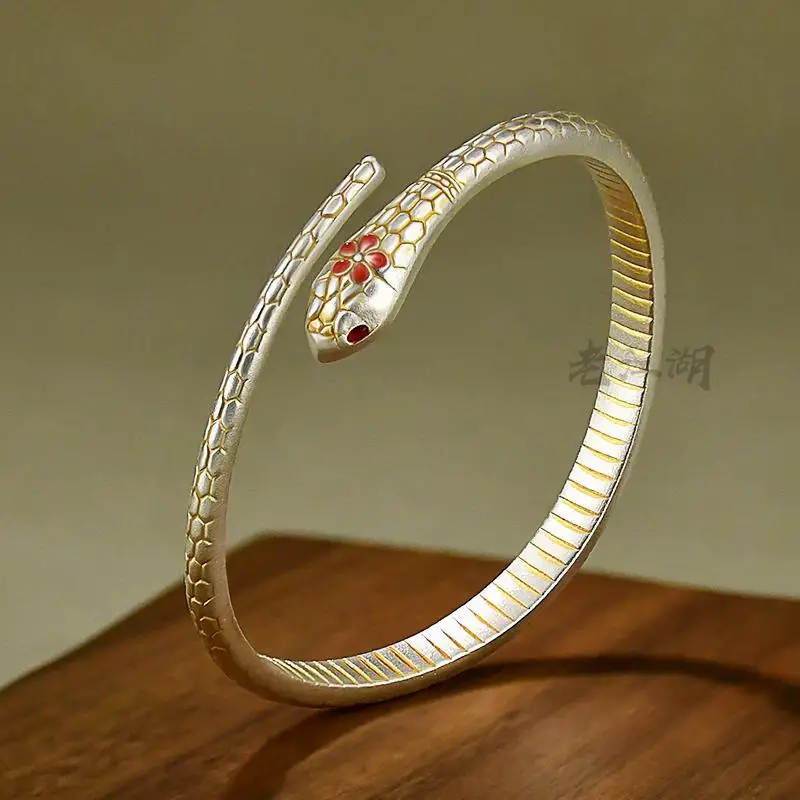 

S999 sterling silver women's bracelet with gold embossed surround opening fashionable snake shaped bracelet jewelry gift