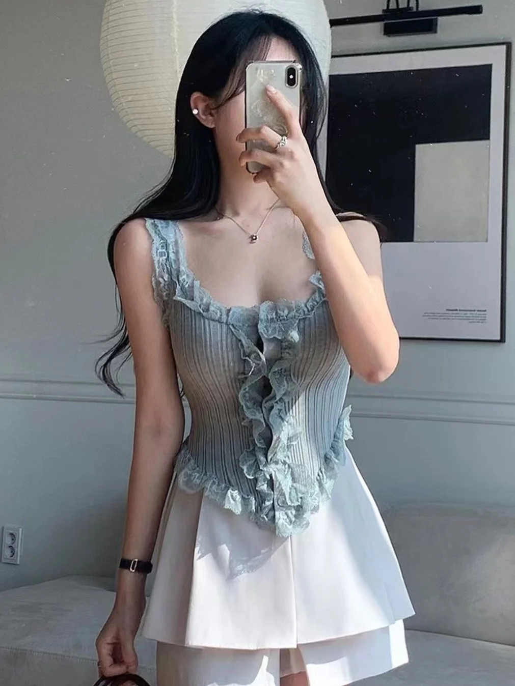 Chic Summer Anti-Aging Retro Design Sexy Lace Trim Strap Vest Women's 3D Emed Floral Print Halter Neck Crop Top