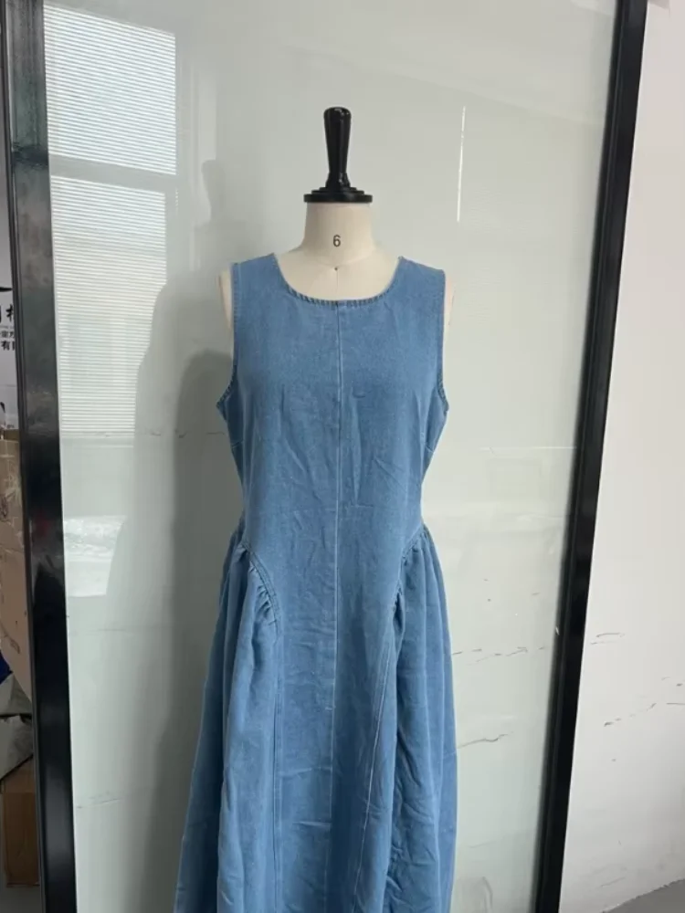 캐주얼 라운드 넥 레이스 업 백 레스 데님 드레스 민소매 하이 웨이스트 루즈 지퍼 가운 여... - 4