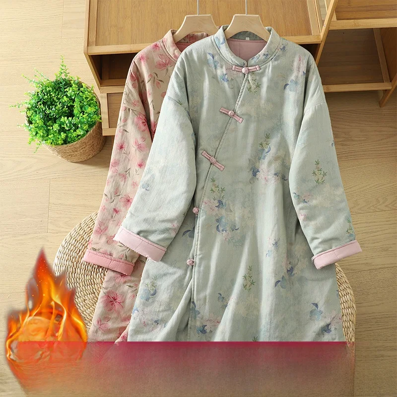 

Зимнее длинное хлопковое пальто Thiened, женское круглое платье на пуговицах с цветочным принтом, традиционный китайский халат, теплый удобный халат...