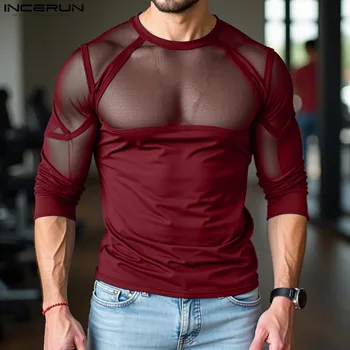 Party Show Style topy INCERUN 2024 męska seksowna siateczkowa koszulka z łączonymi krawędziami Casual cienka dekonstrukcja z długim rękawem Camiseta S-5XL