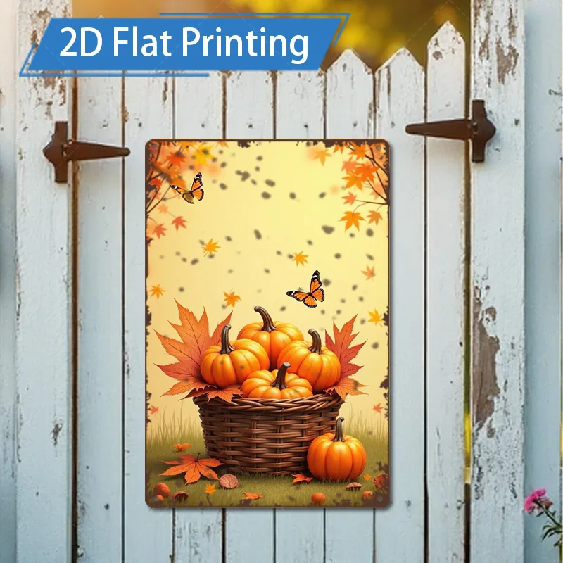 [2D FLAT] 1pc Metal Sign, 8x8inch Autumn Pumpkin Basket 2D Flat Print Metal Wall Art for Home Garden Decor