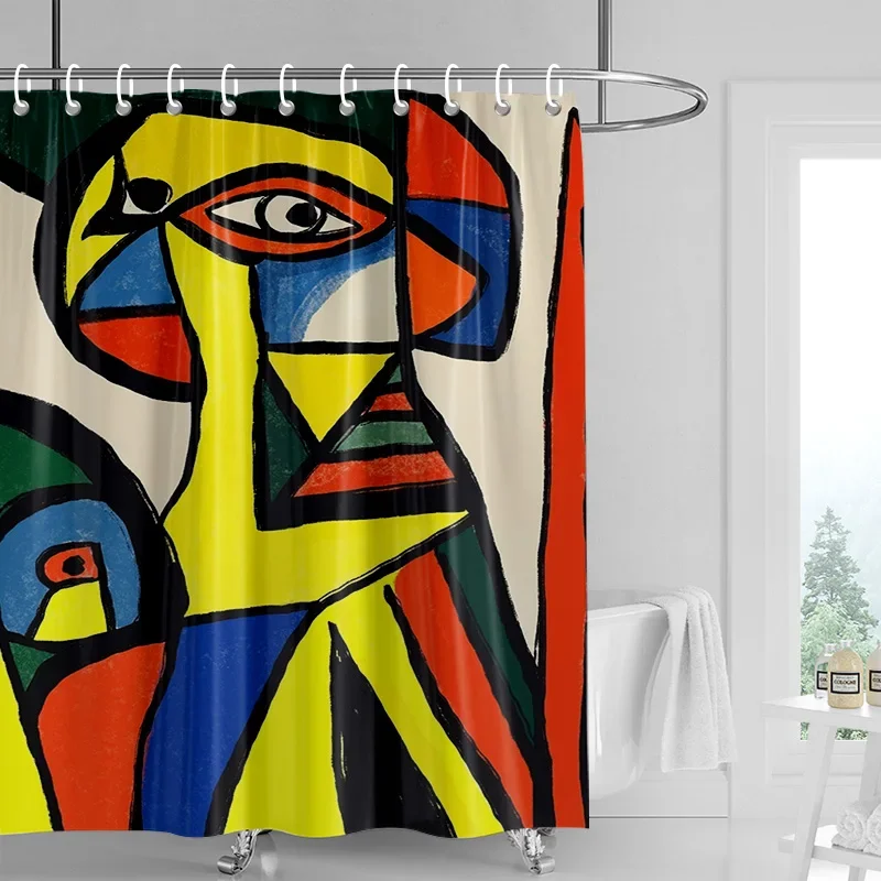 

Abstract Cubist Shower Curtain - Bold Yellow Face with Red & Blue Accents, Waterproof with Grommets, Modern Art Bathroom Decor