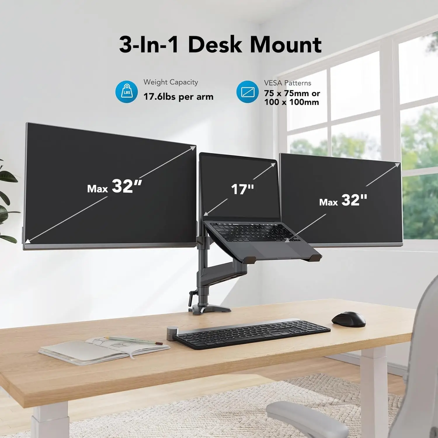 Dual Monitor and Laptop Mount for 32" Screen, Adjustable Arm with Tilt, Swivel, Rotation, VESA Bracket