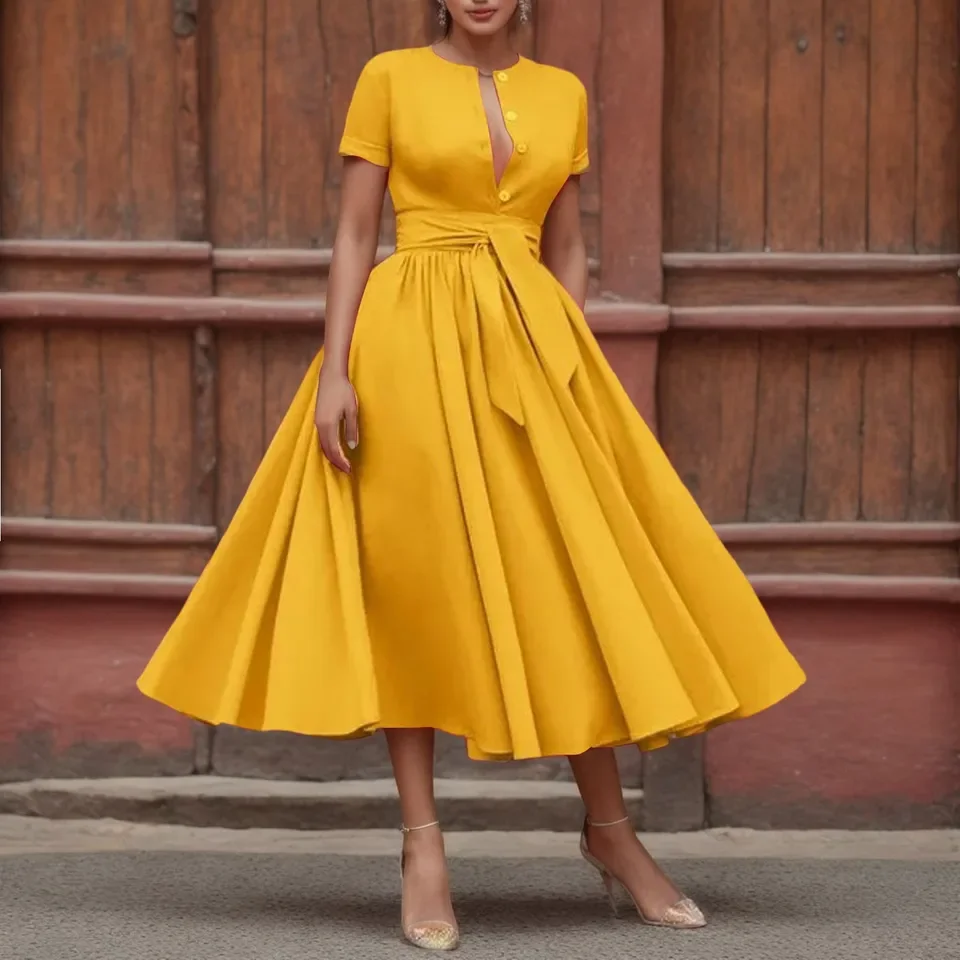 

Women Elegant Formal Party Evening Dress 2025 Short Sleeve Patchwork Sashes Mid-Calf Dresses Sexy Deep V-neck Dress Plus Size