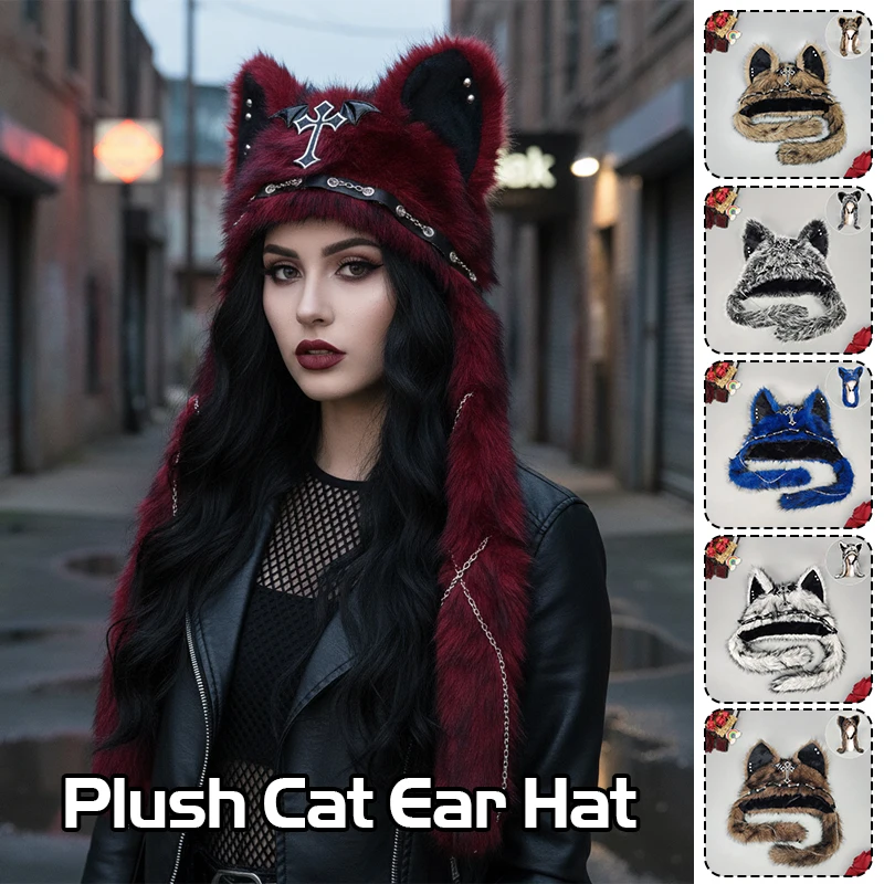 سلسلة الظلام القوطية أفخم قبعة Y2K الصليب المعادن نمط أغطية الرأس تأثيري القط الأذن قبعة هالوين الشرير الصخرة قبعة دافئة للنساء الرجال الطفل #3