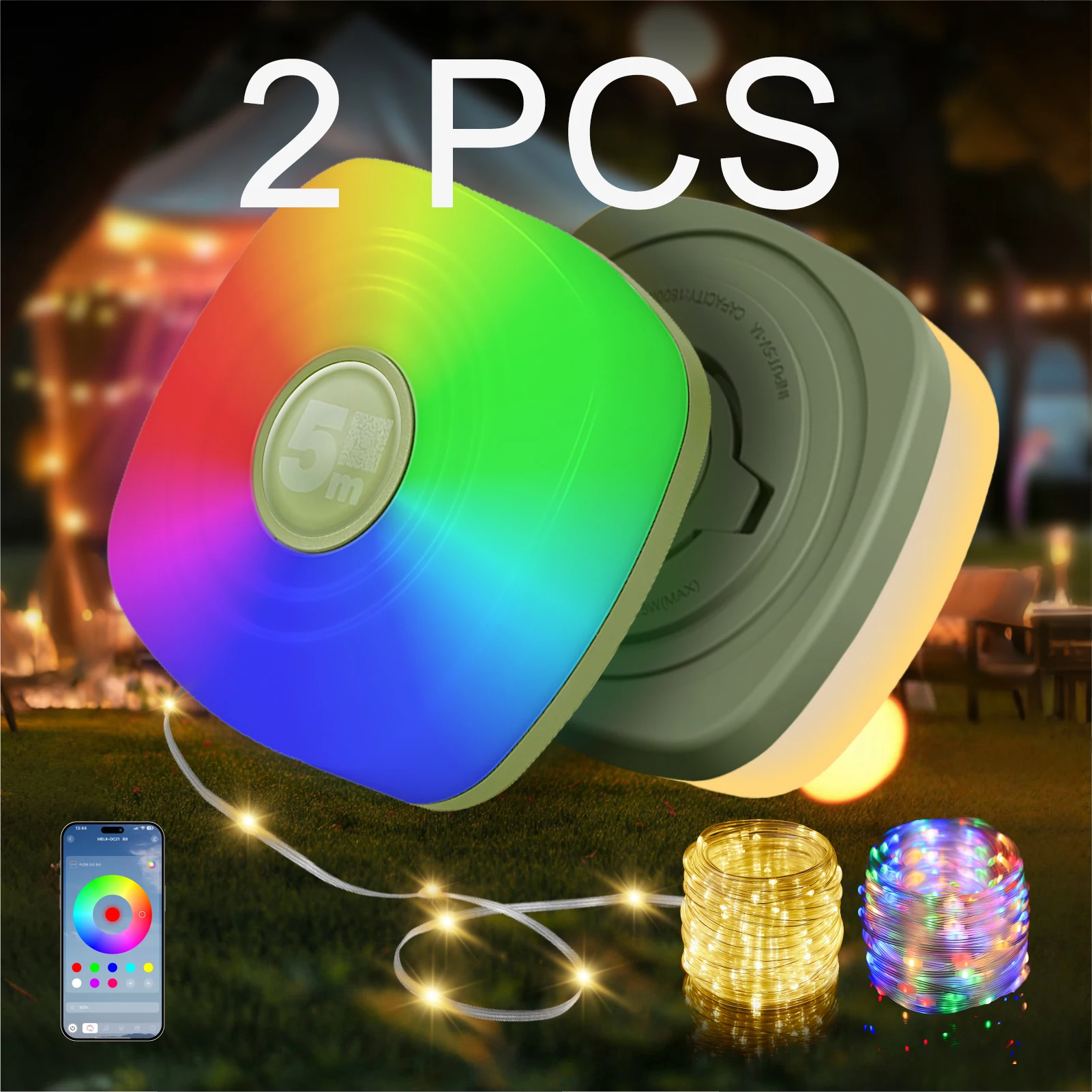 2PCS Outdoor Solar Camping String Lights Portable USB Rechargeable Tent Lamp with Emergency Power Bank Function for Hiking