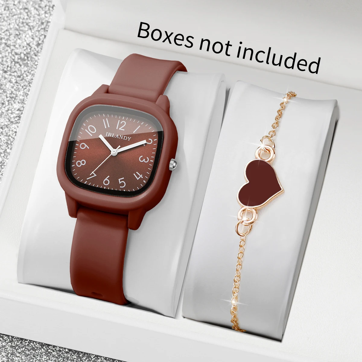 2PCS Fashion Women Watch Heart Bracelet Set Casual Square Arabic Silicone Strap Wristwatch Relogio Feminino (Without Box)