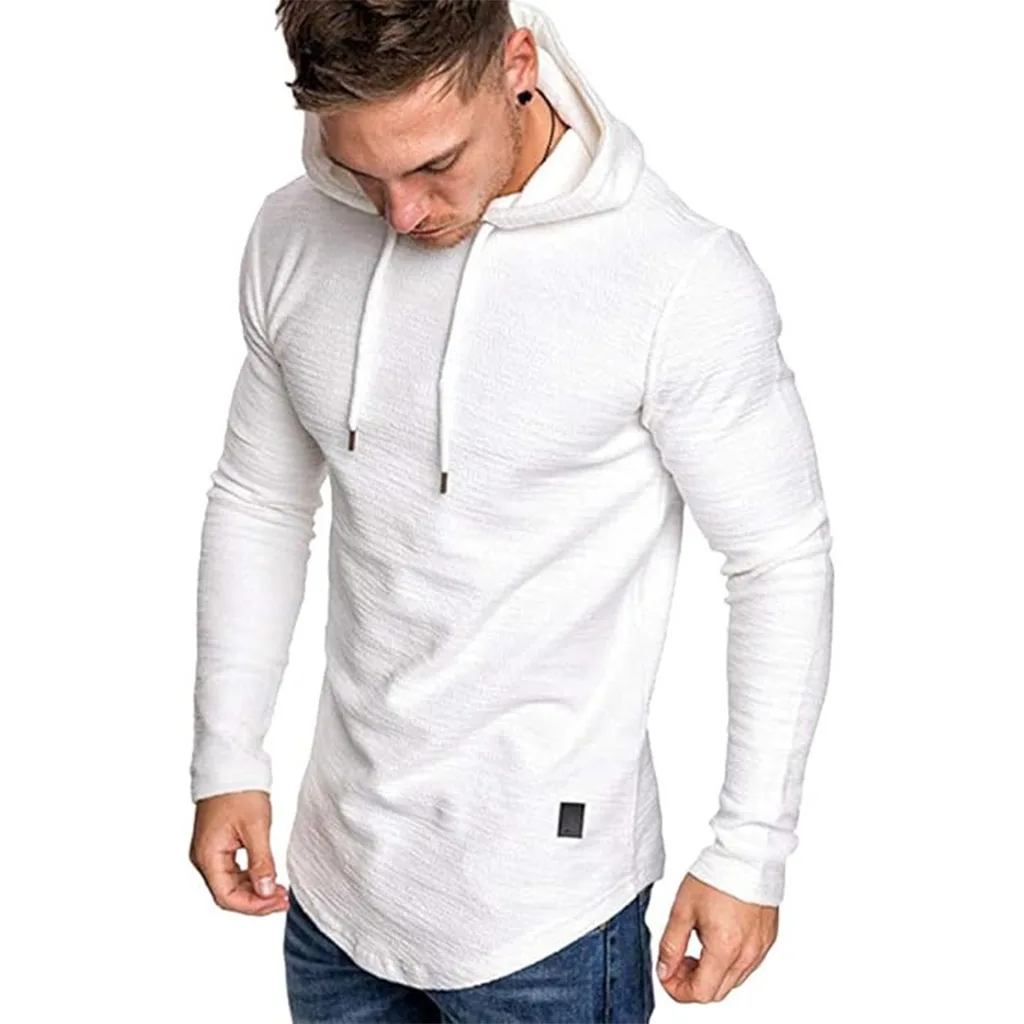 Herren-Langarm-T-Shirt mit Kapuze, Kordelzug, Baumwolle, lässig, gemütlich, einfarbig, schmale Passform, für Herren, Sport, Fitness, atmungsaktiv – Detail 21