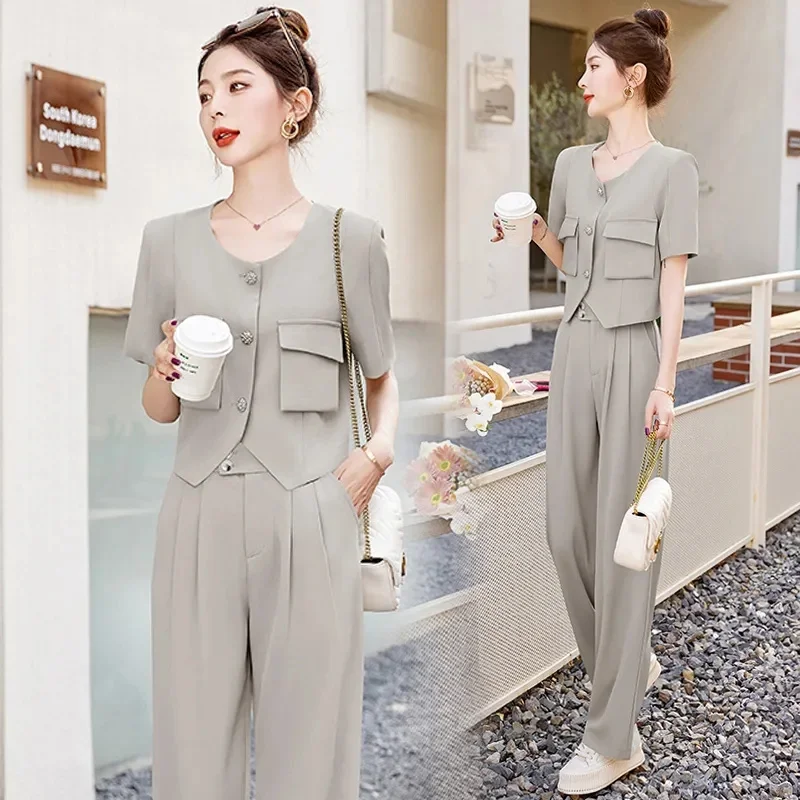 Leisure Fashion Set Women\'s 2023 Summer New Style Short Sleeve Top Wide Leg Pants Suit Two Piece Suit Female High-Quality Gray