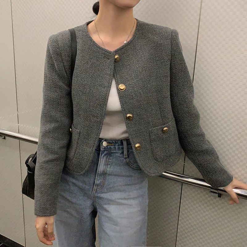 10% Wool Jacket Coat Autumn Winter Women Long Sleeve Single-Breasted Outwear Fashion Elegant Pocket Short Jacket Coat Overcoat