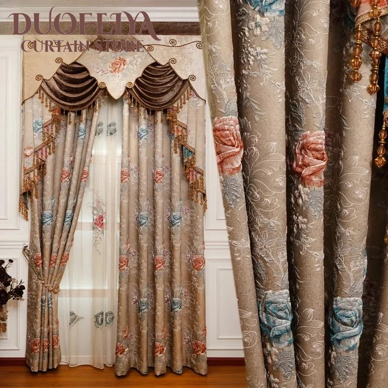 Jacquard Bedroom Floral Curtains High Quality Classic Decorative Living Room/Hotel Curtain European Brown Luxury 3D Embossed
