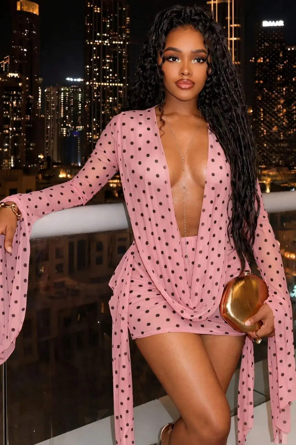

STYLISH LADY Polka Dot Mesh Mini Dress 2026 Summer Women Flare Sleeve Deep V Neck Open Back Draped Sexy Club Party Mini Dresses
