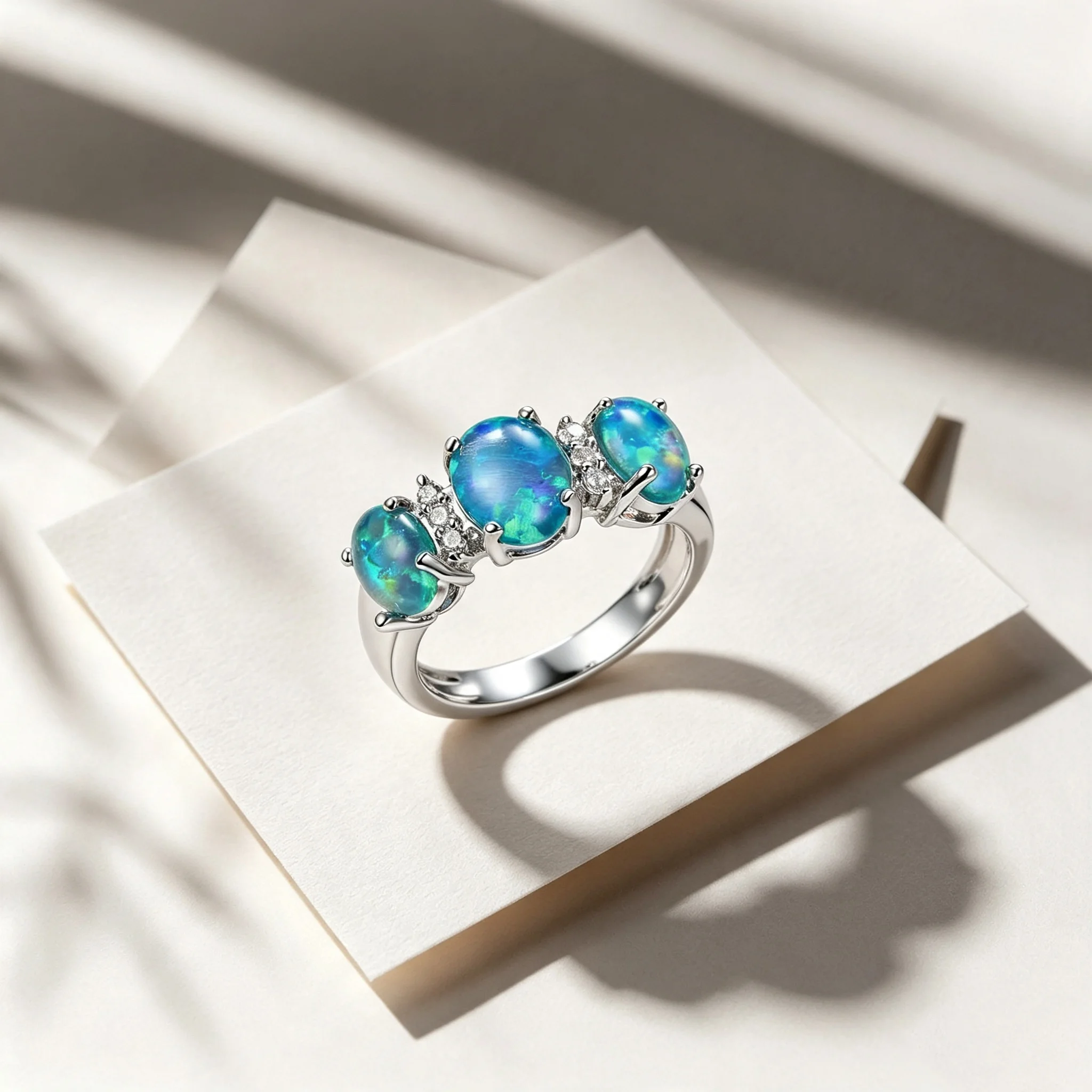 Three Stone Opal Ring Oval Gradient Design Paved Spark Vintage Band Women Finger Jewelry for Party Wedding Anniversary Gift