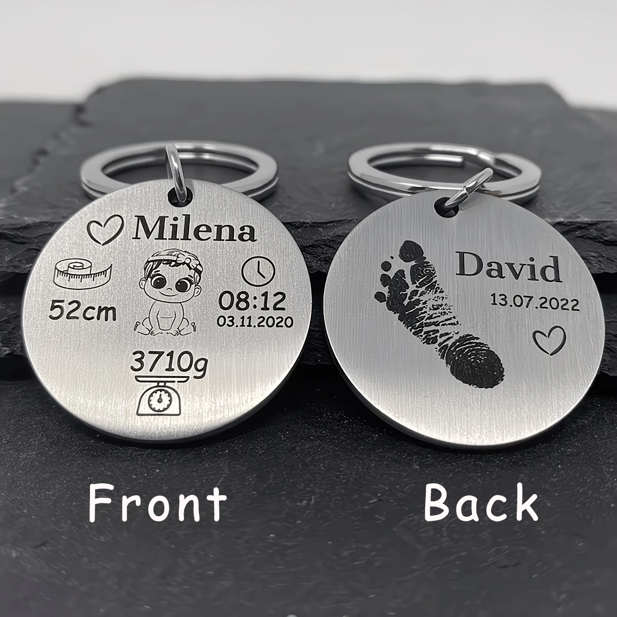 1PC custom keychain, a key ring with customized name/birthday/weight/handprint and footprint, and a round key ring suitable for