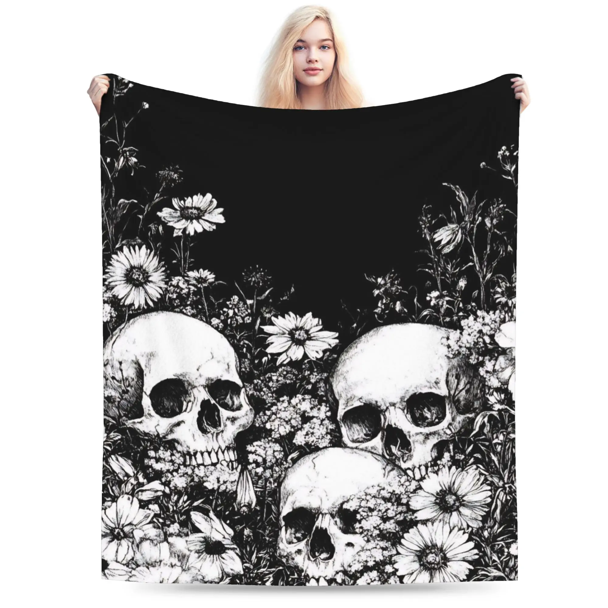 Halloween Skulls And Flowers Gothic Goth Blanket Multiple Sizes Super Soft and Warm  Throw Blankets for Couch Sofa and Bed