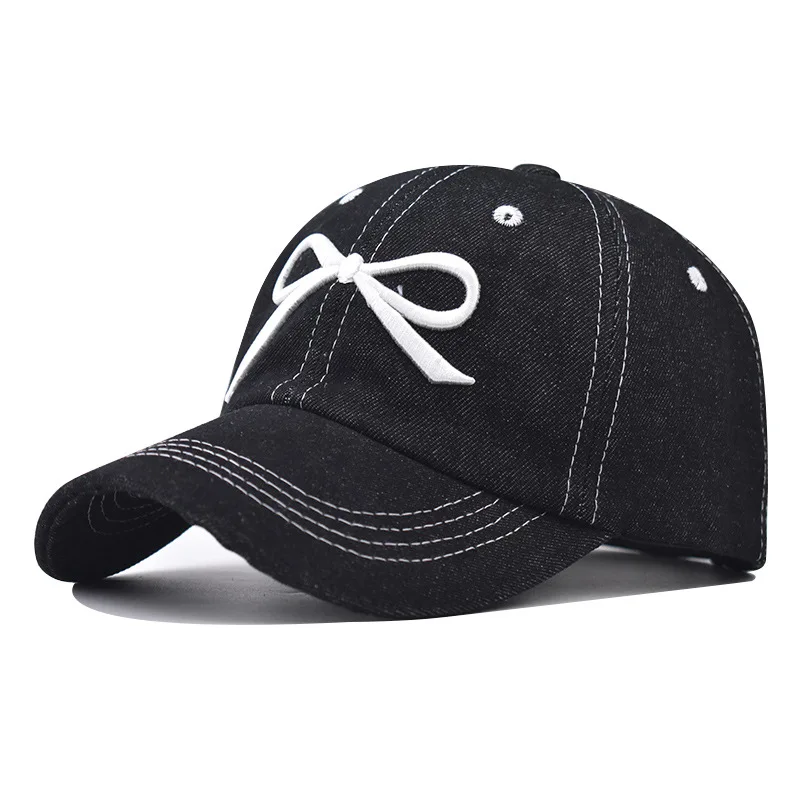 

Summer Sun Protection Hat Versatile Women Hat Bow Washed Cotton Denim Breathable and Comfortable Embroidered Baseball Cap