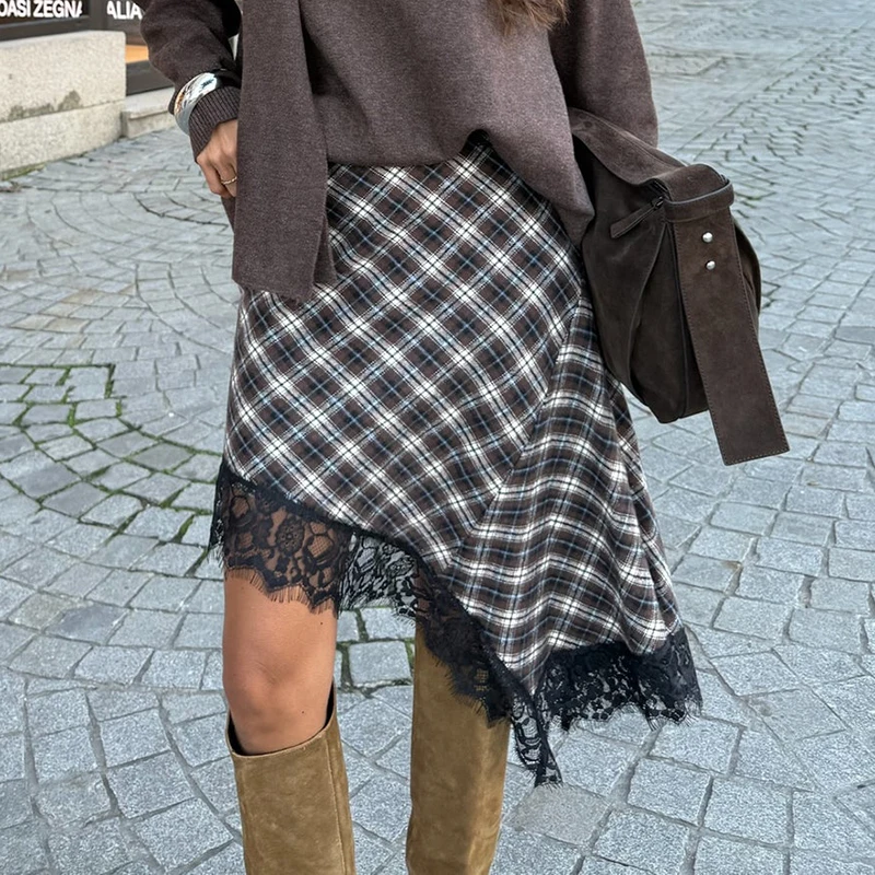 

Vintage Plaid Lace Patchwork Half Skirt Women Fashion High Waist Irregular Hem Midi Skirt Y2k Aesthetic Gingham Short Skirt