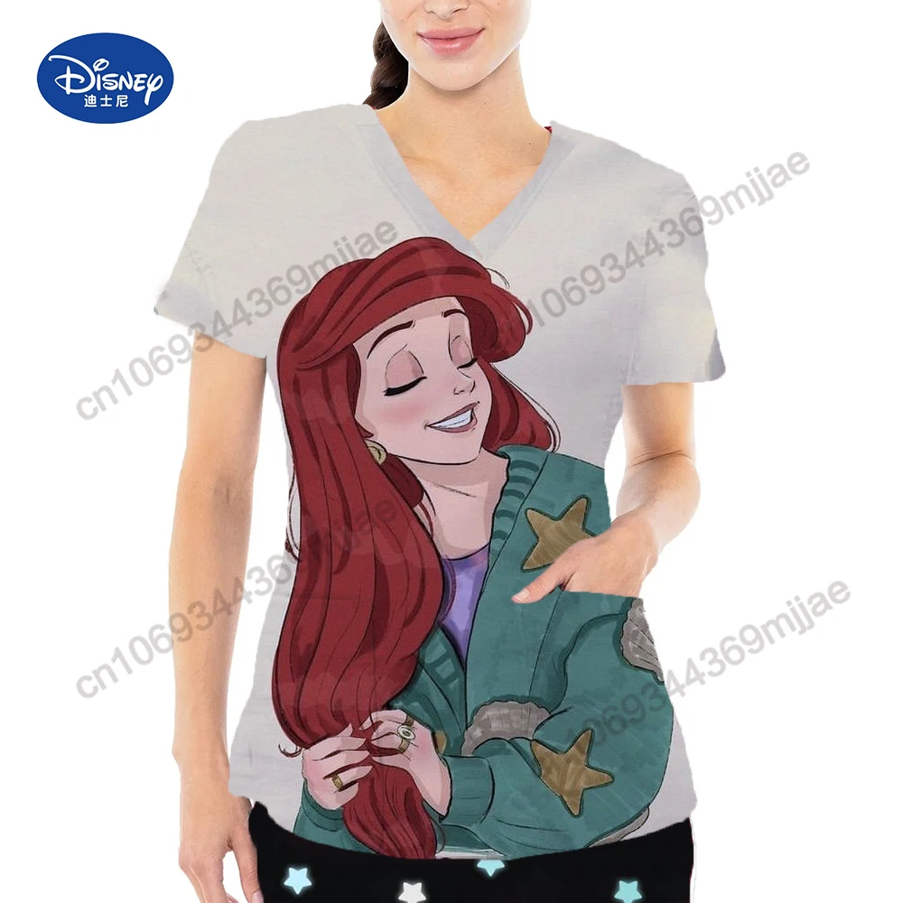 2024 Summer New pretty Disney Cartoon pattern Double Pocket V-Neck Design Y2k Style Women\'s Comfortable Charming nurse\'s uniform