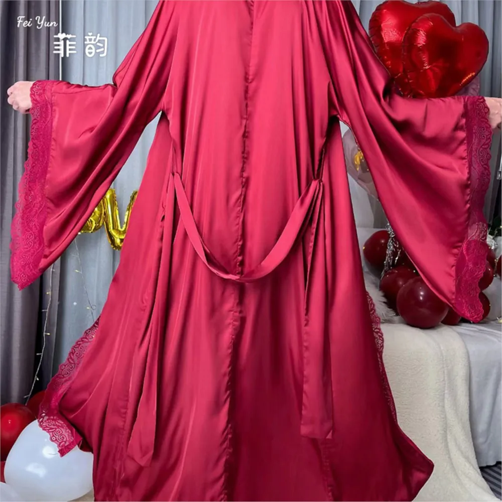 Pigiama lungo da donna di nuovo stile in pizzo a maniche lunghe elegante abbigliamento per la casa stile semplice Leace-up tinta unita confortevole moda sottile