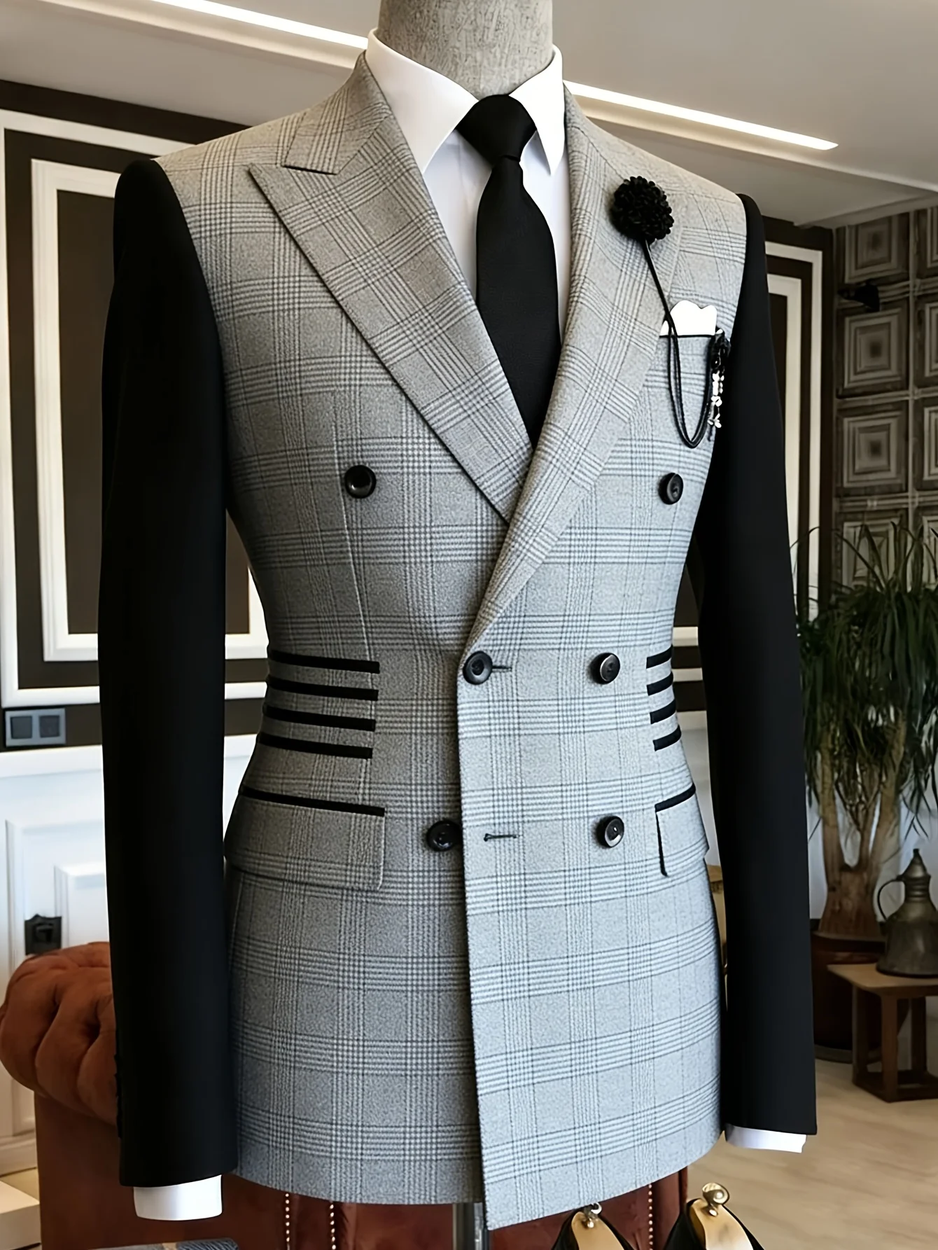 Blazer gris a cuadros para hombre, doble botonadura, contraste negro, manga larga, tira decorativa en la cintura, corte ajustado, para boda, novio, escenario, esmoquin formal