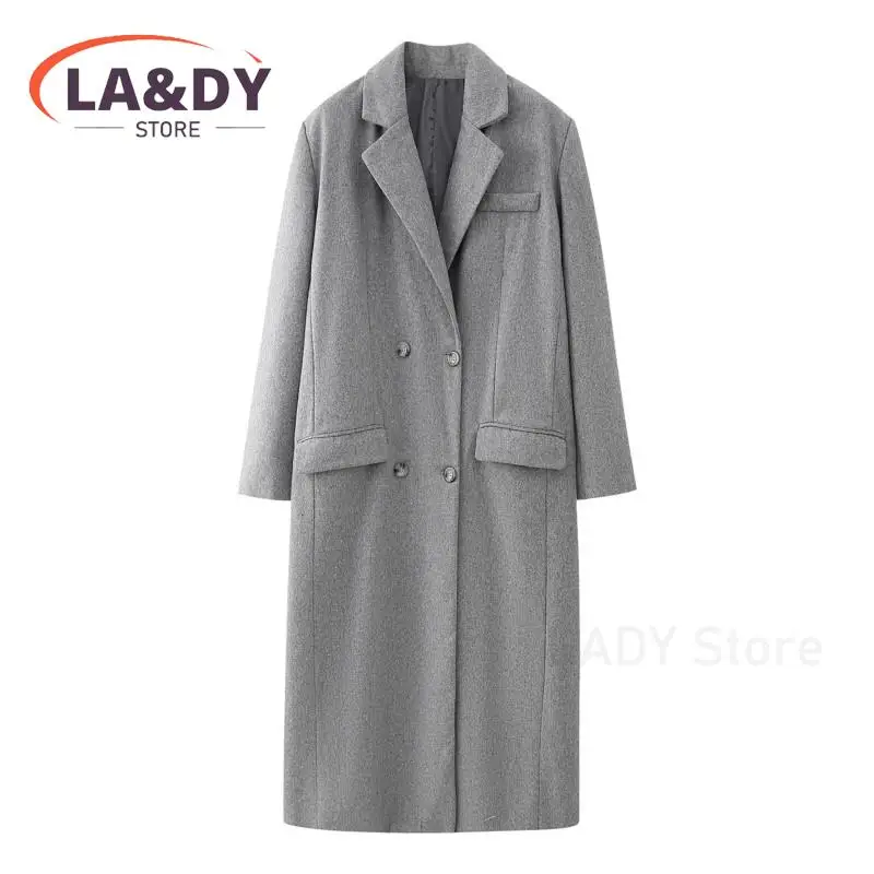 Woolen Coat Woman 2024 Fashion Loose Double-Breasted Female Solid Color Autumn Winter Casual Long Sleeve Pocket Overcoats