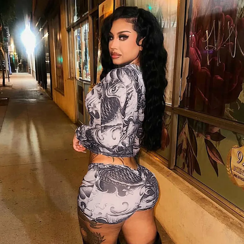 STYLISH LADY Stampato Harajuku Set da 2 pezzi Donna Manica lunga Cerniera Crop Top e pantaloncini Abiti 2025 Estate Sexy Club Street Outfit