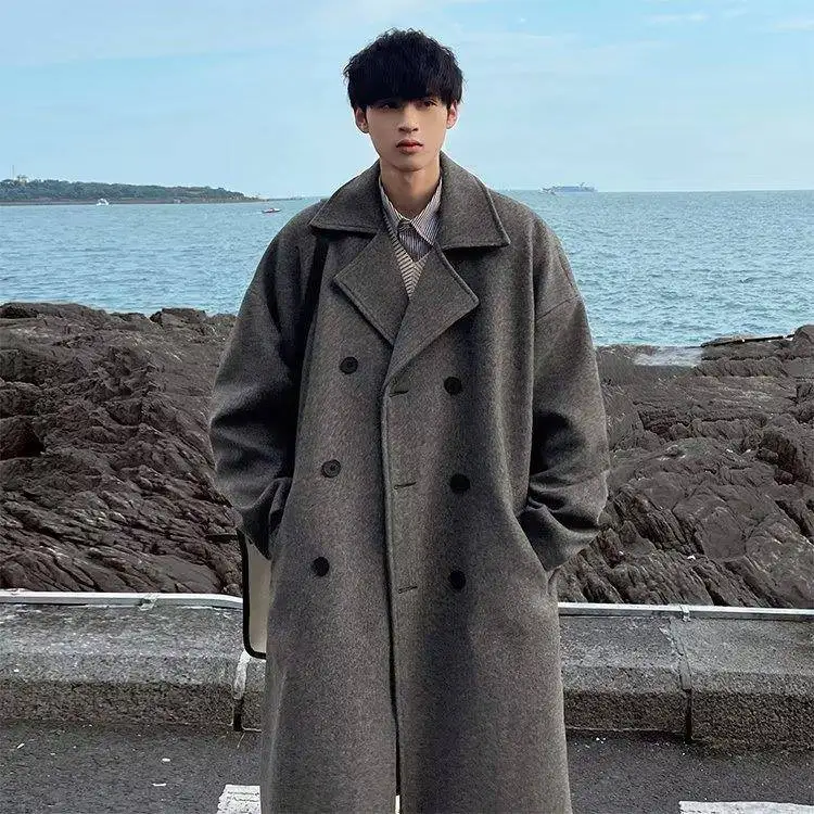 

Trendy Men's Mid-Length Woolen Coat Korean Style Loose Fit Large Size Outerwear CleanFit PU Fabric Casual Wear Long Coat
