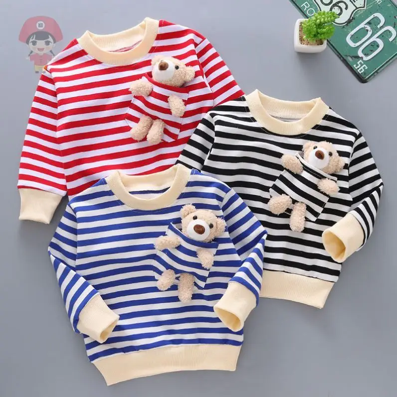 

2021 Spring Autumn Girls Boys Cute Carton Bear Strip T-shirt Baby Kids Children Tee