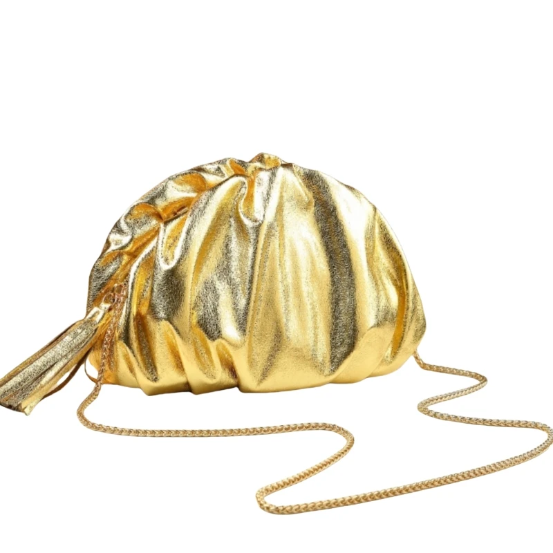 

2026 New Gold Simple Pleated Pu Leather Shell Clutch Bag Fashionable Single Shoulder Dumpling Shape Spring/summer Party Purse
