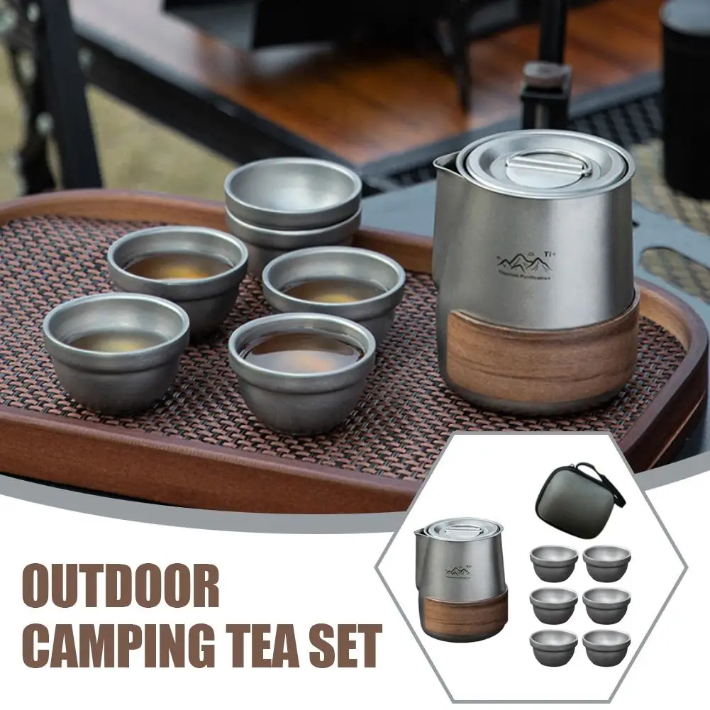 

Titanium Purified Outdoor Tea Set 1 Pot 6 Cups Portable Travel Tea Infuser Anti-Scald Walnut Grip with Storage Bag for Camping