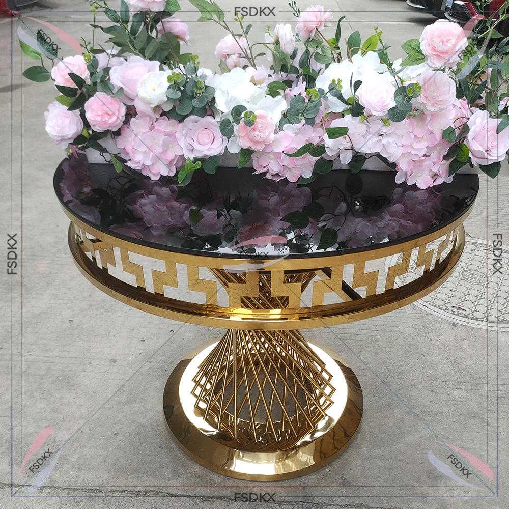 

Unique Design Hollow Out Gold Rim Wedding Table Glass top New Model Wedding Event Gold Stainless Steel Round Cake Tables