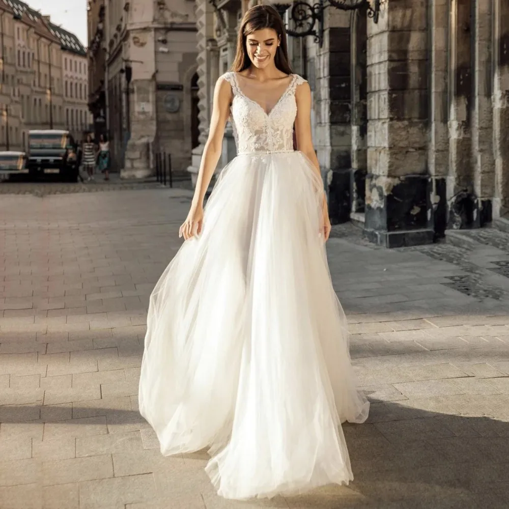 Vestido De novia elegante De línea a, cuello transparente, manga casquillo, Apliques De encaje De gasa, botón De lentejuelas, tren De barrido, vestido De novia