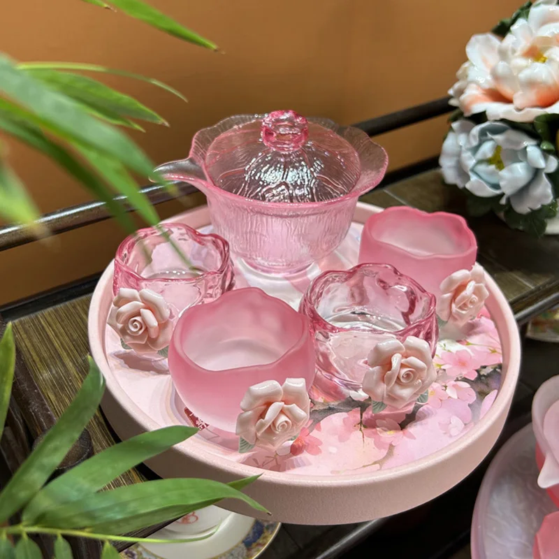 Heat Resistant Glass Teapot Set with Pinched Flower Cup Pink Gongfu Tea Set Hand Grab Pot