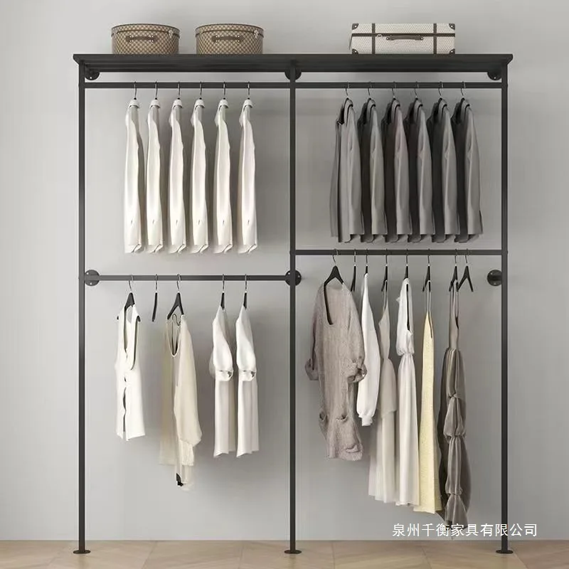 Household metal coat rack on the wall Wall-mounted clothes display rack Bedroom multi-layer cloakroom Hanging clothes rack
