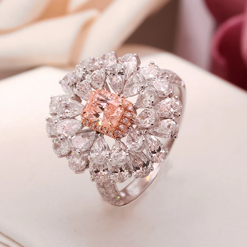 AEAW 10k White Gold 0.5CT Main Stone 4.9ctw Side Stone Fancy Pink Radiant Cut CVD HPHT Lab Grown Diamond Engagement Ring NGIC
