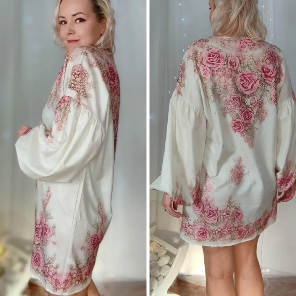 

Digital Print Blouses Women V-neck Tops Stylish Women's V-neck Lantern Sleeve Shirt with 3d Flower Pattern Casual for Daily